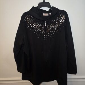 Quacker Factory Simulated Pearl Rhinestones Zip Front Jacket 1X Black Y2K